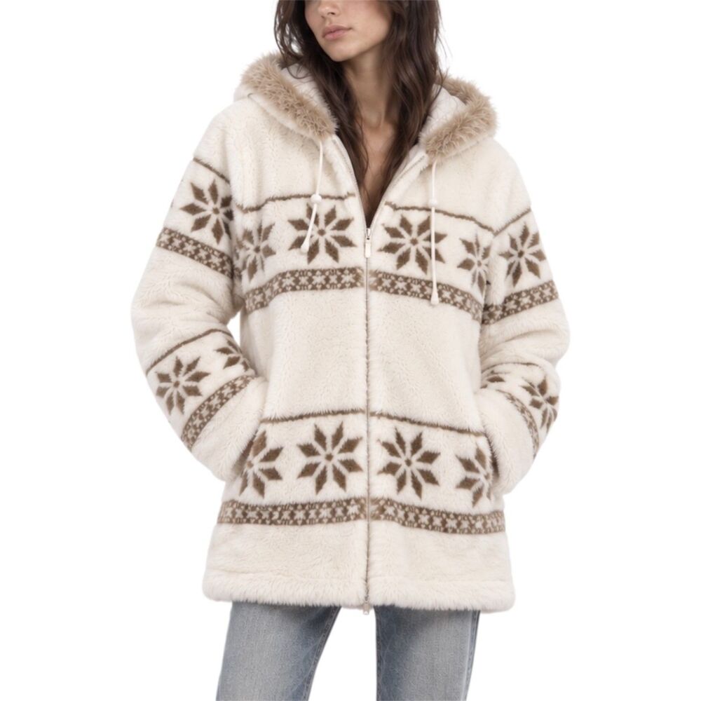 M-XL Woman Within Ivory Faux Fur Snowflake Fair Isle Hooded Coat Russian Winter